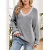 imageDokotoo Womens Sweaters Casual V Neck Long Sleeve Contrast Knit Pullover Sweater Solid Fall Outfits TopsGray