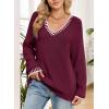 imageDokotoo Womens Sweaters Casual V Neck Long Sleeve Contrast Knit Pullover Sweater Solid Fall Outfits TopsRed