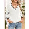 imageDokotoo Womens Sweaters Casual V Neck Long Sleeve Contrast Knit Pullover Sweater Solid Fall Outfits TopsWhite