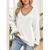 imageDokotoo Womens Sweaters Casual V Neck Long Sleeve Contrast Knit Pullover Sweater Solid Fall Outfits TopsWhite
