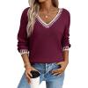 imageDokotoo Womens Sweaters Casual V Neck Long Sleeve Contrast Knit Pullover Sweater Solid Fall Outfits TopsRed
