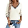 imageDokotoo Womens Sweaters Casual V Neck Long Sleeve Contrast Knit Pullover Sweater Solid Fall Outfits TopsWhite