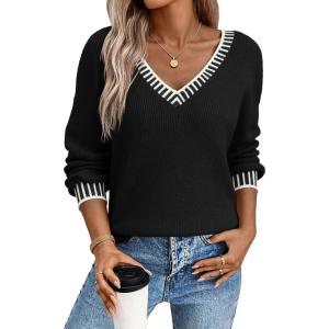 imageDokotoo Womens Sweaters Casual V Neck Long Sleeve Contrast Knit Pullover Sweater Solid Fall Outfits TopsBlack