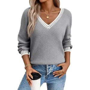 imageDokotoo Womens Sweaters Casual V Neck Long Sleeve Contrast Knit Pullover Sweater Solid Fall Outfits TopsGray