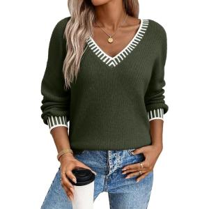 imageDokotoo Womens Sweaters Casual V Neck Long Sleeve Contrast Knit Pullover Sweater Solid Fall Outfits TopsGreen