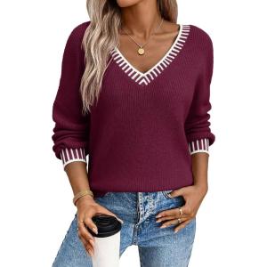 imageDokotoo Womens Sweaters Casual V Neck Long Sleeve Contrast Knit Pullover Sweater Solid Fall Outfits TopsRed