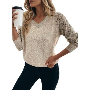 imageDokotoo Womens Trendy Crochet Sweaters 2025 Fall Casual Lightweight Long Sleeve Hollow Out Sweater TopsApricot