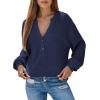 imageDokotoo Womens Waffle Knit Tops 2025 Dressy Casual Button Shirts Long Sleeve V Neck Blouses Basic TeeDark Blue