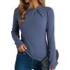 imageDokotoo Womens Tops Business Casual Outfits Long Sleeve Shirts Mock Neck Twist Knot Slim Fit Soft Stretch Tees BlousesBlue
