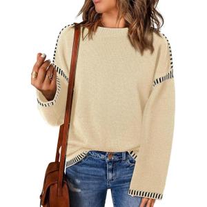 imageDokotoo Sweaters for Women Fashion Solid Crewneck Loose Fit Long Sleeve Contrast Cable Knit Pullover Sweater Jumper TopsBeige