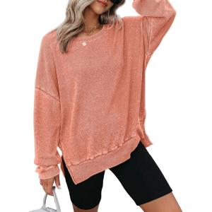 imageDokotoo Sweatshirt for Women Oversized Waffle Knit Crewneck Sweatshirts Long Sleeve Side Slits Casual Pullover TopsOrange