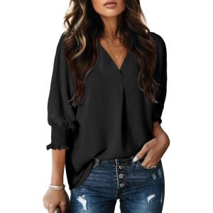 imageDokotoo Women Blouses Dressy Casual V Neck 34 Length Sleeve Womens Tops with Smocked CuffsBlack
