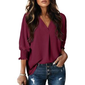 imageDokotoo Women Blouses Dressy Casual V Neck 34 Length Sleeve Womens Tops with Smocked CuffsBurgundy