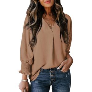 imageDokotoo Women Blouses Dressy Casual V Neck 34 Length Sleeve Womens Tops with Smocked CuffsCamel