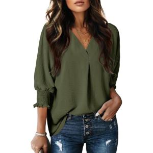 imageDokotoo Women Blouses Dressy Casual V Neck 34 Length Sleeve Womens Tops with Smocked CuffsJungle Green
