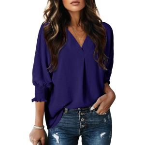 imageDokotoo Women Blouses Dressy Casual V Neck 34 Length Sleeve Womens Tops with Smocked CuffsNavy Blue