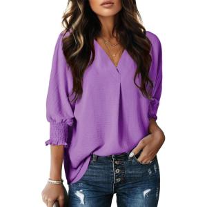 imageDokotoo Women Blouses Dressy Casual V Neck 34 Length Sleeve Womens Tops with Smocked CuffsPurple