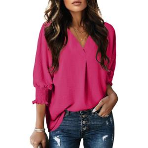 imageDokotoo Women Blouses Dressy Casual V Neck 34 Length Sleeve Womens Tops with Smocked CuffsRose