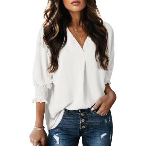 imageDokotoo Women Blouses Dressy Casual V Neck 34 Length Sleeve Womens Tops with Smocked CuffsWhite
