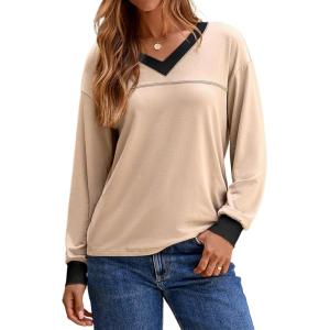 imageDokotoo Womens Long Sleeve Tops Fall Tops Casual Soft V Neck Oversized T Shirts Clothes Fashion Outfits 2025Apricot