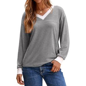 imageDokotoo Womens Long Sleeve Tops Fall Tops Casual Soft V Neck Oversized T Shirts Clothes Fashion Outfits 2025Gray
