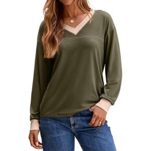 imageDokotoo Womens Long Sleeve Tops Fall Tops Casual Soft V Neck Oversized T Shirts Clothes Fashion Outfits 2025Jungle Green