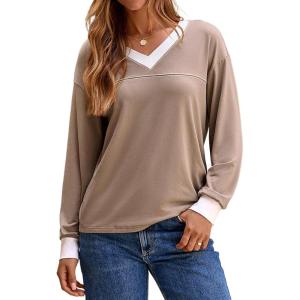 imageDokotoo Womens Long Sleeve Tops Fall Tops Casual Soft V Neck Oversized T Shirts Clothes Fashion Outfits 2025Pale Khaki