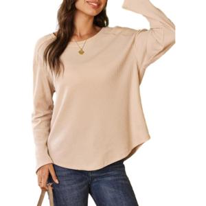 imageDokotoo Womens Oversized 2025 Fall Waffle Knit Tops Crew Neck Long Sleeve Casual Pullover T ShirtsApricot