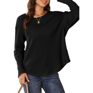 imageDokotoo Womens Oversized 2025 Fall Waffle Knit Tops Crew Neck Long Sleeve Casual Pullover T ShirtsBlack
