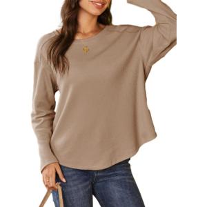 imageDokotoo Womens Oversized 2025 Fall Waffle Knit Tops Crew Neck Long Sleeve Casual Pullover T ShirtsDark Khaki