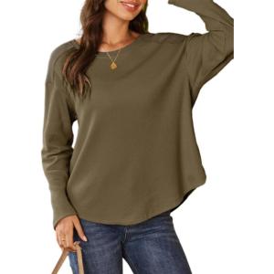 imageDokotoo Womens Oversized 2025 Fall Waffle Knit Tops Crew Neck Long Sleeve Casual Pullover T ShirtsOlive Green