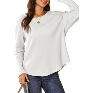 imageDokotoo Womens Oversized 2025 Fall Waffle Knit Tops Crew Neck Long Sleeve Casual Pullover T ShirtsWhite