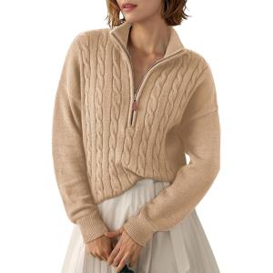 imageDokotoo Womens Sweaters 2025 Fall Winter Quarter Zip Casual Ribbed Cable Knit PulloverParchment