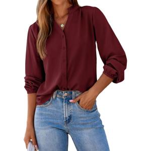 imageDokotoo Womens Tops Blouses for Women Dressy Casual Button Down Shirts V Neck Long Sleeve Shirts Business Work BlousesBurgundy