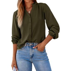 imageDokotoo Womens Tops Blouses for Women Dressy Casual Button Down Shirts V Neck Long Sleeve Shirts Business Work BlousesMoss Green