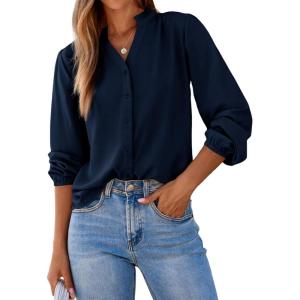 imageDokotoo Womens Tops Blouses for Women Dressy Casual Button Down Shirts V Neck Long Sleeve Shirts Business Work BlousesNavy Blue