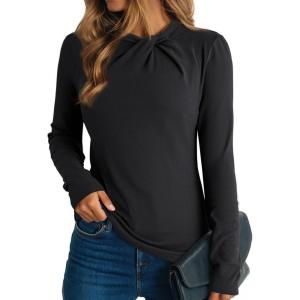 imageDokotoo Womens Tops Business Casual Outfits Long Sleeve Shirts Mock Neck Twist Knot Slim Fit Soft Stretch Tees BlousesBlack