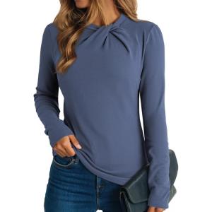 imageDokotoo Womens Tops Business Casual Outfits Long Sleeve Shirts Mock Neck Twist Knot Slim Fit Soft Stretch Tees BlousesBlue