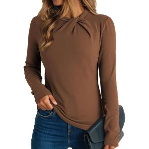 imageDokotoo Womens Tops Business Casual Outfits Long Sleeve Shirts Mock Neck Twist Knot Slim Fit Soft Stretch Tees BlousesBrown