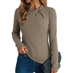 imageDokotoo Womens Tops Business Casual Outfits Long Sleeve Shirts Mock Neck Twist Knot Slim Fit Soft Stretch Tees BlousesDune