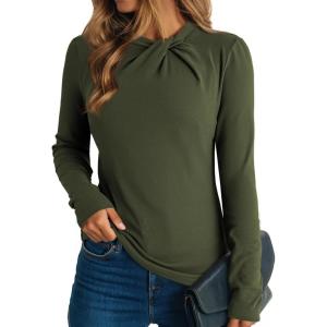 imageDokotoo Womens Tops Business Casual Outfits Long Sleeve Shirts Mock Neck Twist Knot Slim Fit Soft Stretch Tees BlousesGreen