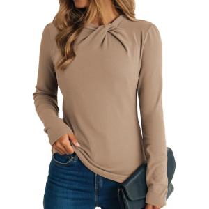 imageDokotoo Womens Tops Business Casual Outfits Long Sleeve Shirts Mock Neck Twist Knot Slim Fit Soft Stretch Tees BlousesKhaki