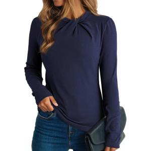 imageDokotoo Womens Tops Business Casual Outfits Long Sleeve Shirts Mock Neck Twist Knot Slim Fit Soft Stretch Tees BlousesNavy