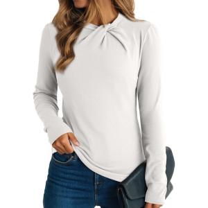 imageDokotoo Womens Tops Business Casual Outfits Long Sleeve Shirts Mock Neck Twist Knot Slim Fit Soft Stretch Tees BlousesWhite