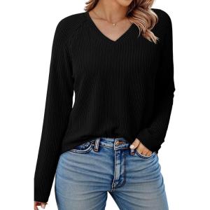 imageDokotoo Womens Tops Fashion 2025 Raglan Long Sleeve Soft Knitted Solid Color V Neck T Shirts Casual Loose Fit Tee ShirtBlack
