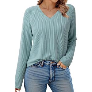 imageDokotoo Womens Tops Fashion 2025 Raglan Long Sleeve Soft Knitted Solid Color V Neck T Shirts Casual Loose Fit Tee ShirtCanton