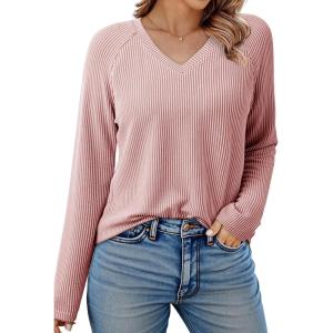 imageDokotoo Womens Tops Fashion 2025 Raglan Long Sleeve Soft Knitted Solid Color V Neck T Shirts Casual Loose Fit Tee ShirtGossamer Pink