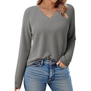 imageDokotoo Womens Tops Fashion 2025 Raglan Long Sleeve Soft Knitted Solid Color V Neck T Shirts Casual Loose Fit Tee ShirtMedium Grey