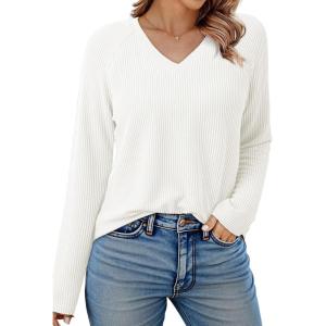 imageDokotoo Womens Tops Fashion 2025 Raglan Long Sleeve Soft Knitted Solid Color V Neck T Shirts Casual Loose Fit Tee ShirtWhite