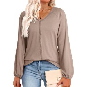 imageDokotoo Womens Tops Fashion V Neck Long Sleeve Tops for Women Fall Outfits for Women 2025 Casual Loose BlousesBeige